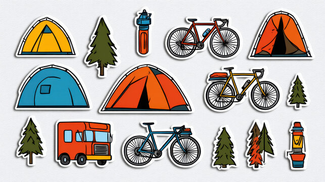 Outdoor adventure stickers set featuring camping tents, bicycles, and pine trees