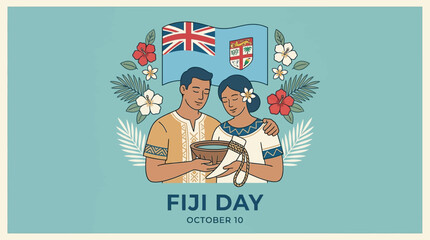 Fototapeta premium Fiji Day illustration featuring a couple in traditional clothing with the national flag and hibiscus