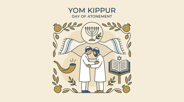 Minimalist Yom Kippur illustration featuring two men praying with a menorah and shofar on beige background