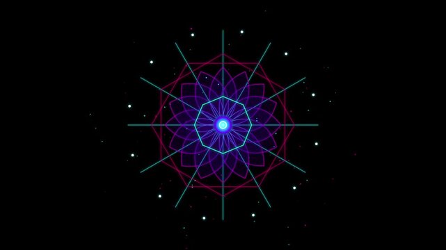 Abstract Neon Geometric Mandala Animation with Glowing Particles and Pulsing Rings flower pattern symetry futuristic cyber synthwave sci-fi electronic music visualizer audio digital crypto blockchain