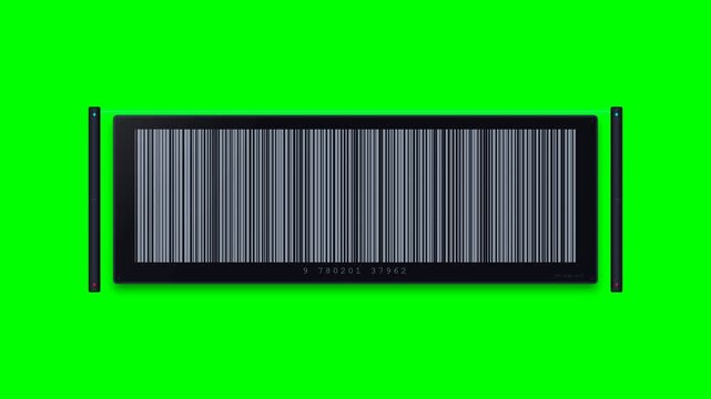 4K futuristic optical motion graphic featuring a sharp cyan laser beam sweeping across an obsidian glass barcode tablet. Transforms digital code into a glowing solar amber 50% off discount message 