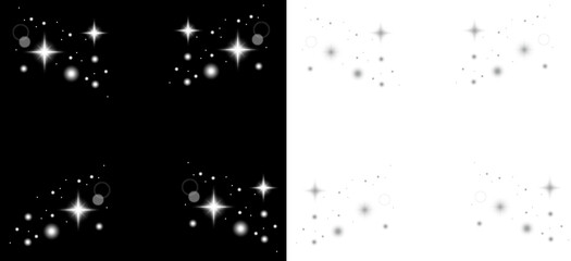 Fototapeta premium 黒背景・白背景に輝く四隅の星と光の粒子流れるエフェクト素材｜キラキラ, 天の川, 漫画トーン, コピースペース背景素材：星空トーン_wh&bk_背景04｜Effect assets featuring stars shining in the four corners and flowing particles of light against black and white background