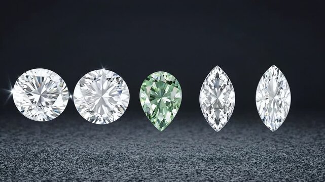 Row of different cut diamonds isolated on a black background