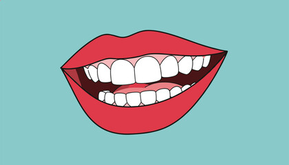 Fototapeta premium Open smiling mouth with red lips and healthy white teeth, vector cartoon illustration of a cheerful smile.