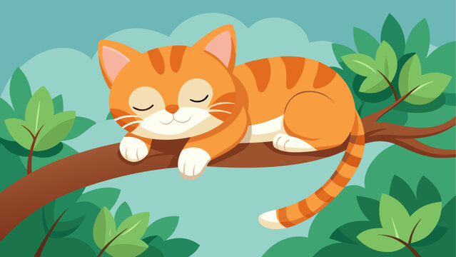 Relaxed orange cat sleeping on a green branch