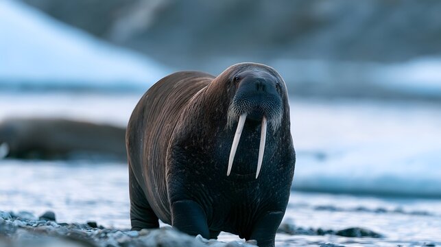 A large walrus with prominent tusks stands on a rocky shore near icy waters  gazing forward with a calm demeanor