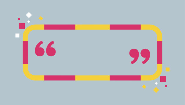 Modern quote template border frame in yellow and pink colors with quotation marks isolated on a grey background.