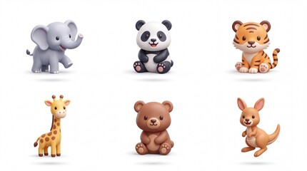 Fototapeta premium Cute Cartoon Animal Figures Set Featuring Elephant Panda Tiger Giraffe Bear and Dog