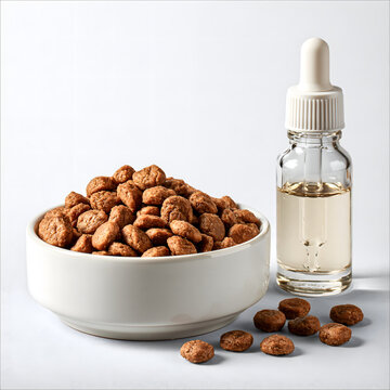 Ceramic bowl of cat food kibbles and glass dropper supplement bottle on white background