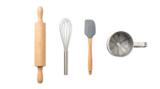 Four baking tools with rolling pin whisk spatula and sifter isolated element on transparent background