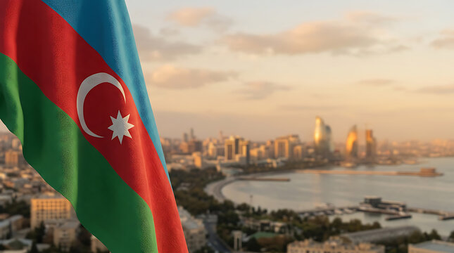 A vibrant Azerbaijani flag waving in front of Baku's skyline and Caspian Sea during sunset capturing national pride and