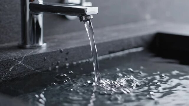Close up of water pouring from metallic pipe into a dark basin