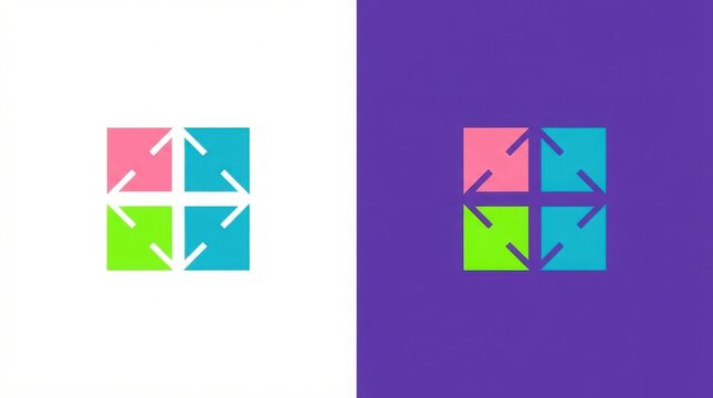 Abstract square logo icon with four colorful blocks and arrows pointing outwards in all directions