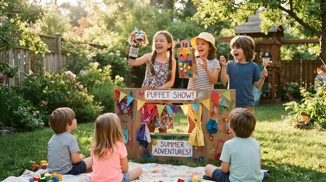 A group of children enjoying a puppet show in a backyard setting. They are sitting on the grass, watching the performance with excitement