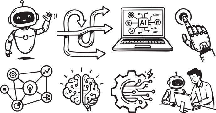 Artificial intelligence doodle icon set with robot, neural network brain, algorithm and automation symbols vector