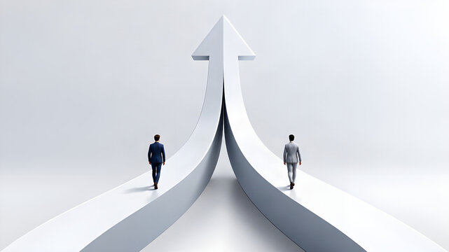 Two businessmen walking on merging white paths that form a large upward pointing arrow