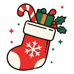 Obraz premium Christmas sock Filled with Gifts and Candy Hanging as Holiday Decoration for Winter Celebration Festive Season in Vector Illustration