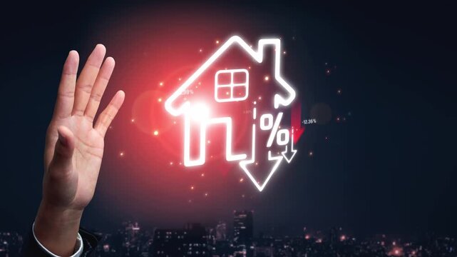 Hands Gesturing Toward a House Icon with Percentage Symbols and Downward Arrows, Representing Real Estate Market Trends in Urban Setting at Night Sigmoid