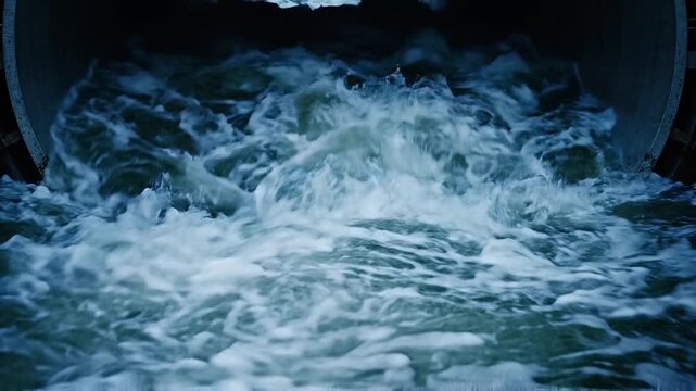 Top down view of churning swirling blue water with white foam