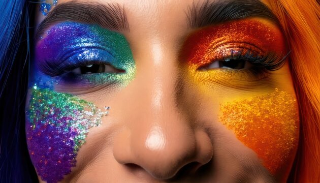 Woman with colorful makeup on face.