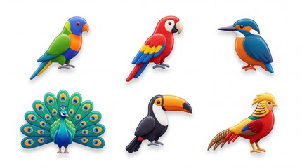 Fototapeta premium Colorful Cartoon Bird Toys Set Featuring Parrots Toucan and Peacock for Kids and Pets