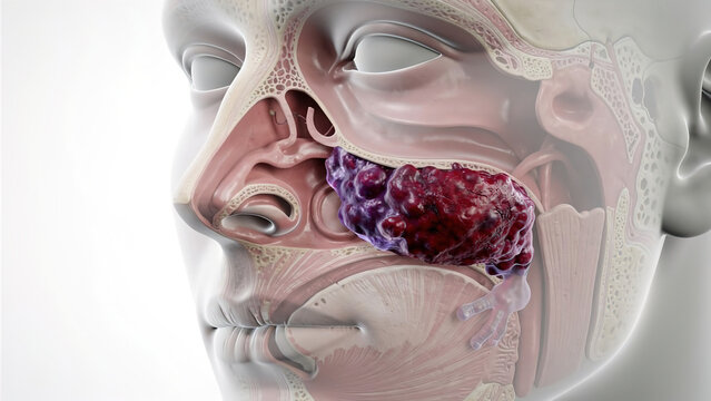 3D medical illustration of Nasal NK/T cell lymphoma, sagittal cutaway view of human facial anatomy showing malignant tumor in nasal cavity