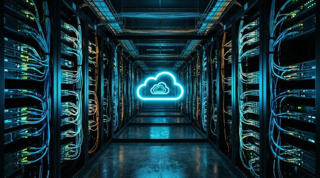 Modern server racks aligned in tunnel with glowing cloud symbol at center with racks line corridor