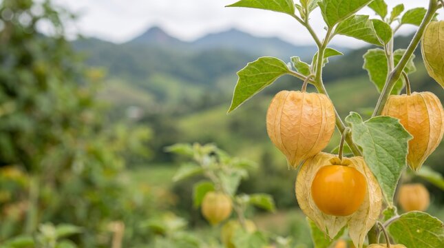 Cape gooseberry or goldenberry fruits, Physalis peruviana, growing on Physalis plant with delicate husks and leaves