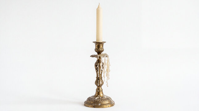Vintage brass candlestick with white candle and dripped wax