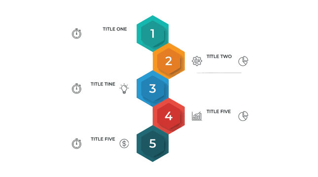 Colorful hexagon infographic steps with numbered sections and icons for business data presentation displayed as a professional flat design on white background.