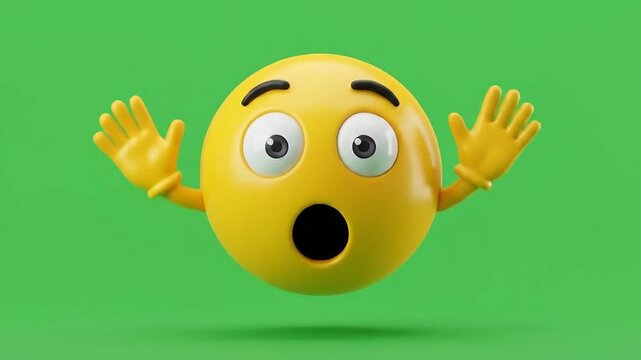 Surprised 3d emoticon with hands up floating on green background