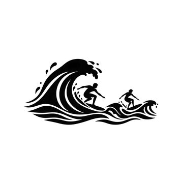 Black silhouette icon of surfers riding a large ocean wave with silhouette recreation activity vacation lifestyle adventure illustration