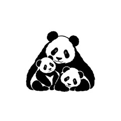 Mother panda with two cubs sitting together in a simple black and white vector graphic panda cub cute animals vector illustration bamboo eater © Rasel