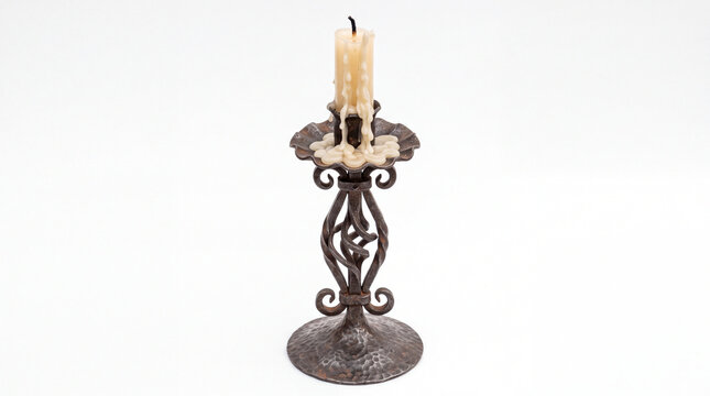 Vintage wrought iron candlestick with melted candle on white background