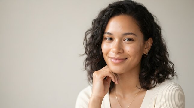 A portrait of a young woman with dark curly hair and a gentle smile, looking directly at the camera, with her hand resting on her chin.