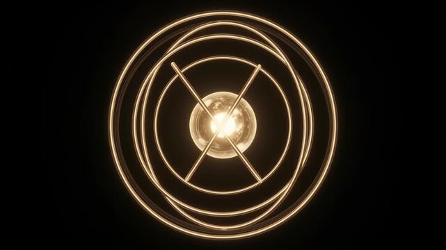 A glowing light bulb with concentric golden rings and intersecting lines against a dark background.