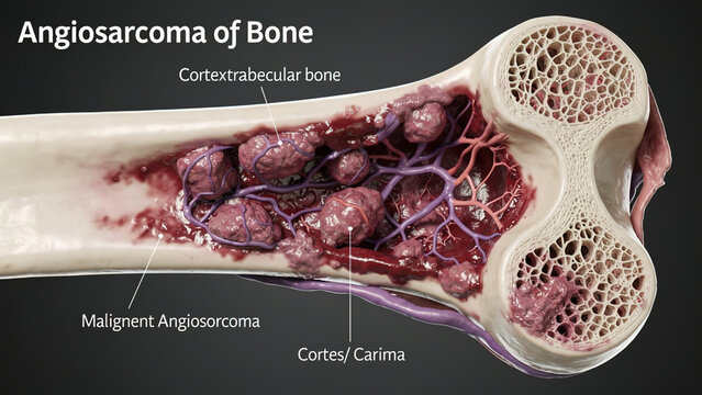 Labeled 3D medical illustration of bone angiosarcoma, cutaway view of human long bone showing malignant vascular tumor invading bone cortex and medullary cavity