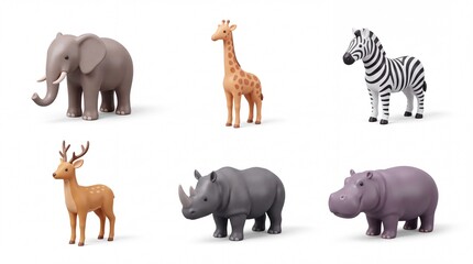 Fototapeta premium Collection of Plastic Animal Toys Featuring Elephant Giraffe Zebra Deer Rhino and Hippo on White Background