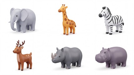 Fototapeta premium Set of Colorful Animal Figurines Including Elephant Giraffe Zebra Reindeer Rhino and Hippo on White Background