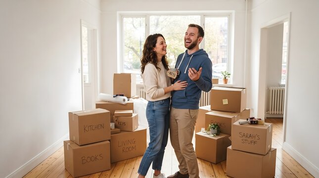 Young couple happily laughing and embracing surrounded by moving boxes in their new home