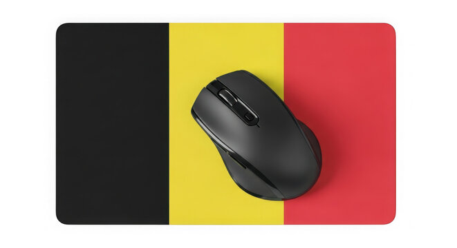 Black wireless computer mouse on a belgium flag pattern mousepad isolated on transparent background