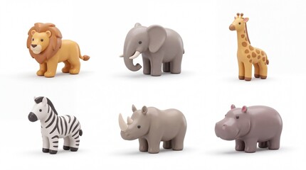 Fototapeta premium Set of Cute Animal Figurines Including Lion Elephant Giraffe Zebra Rhinoceros Hippo