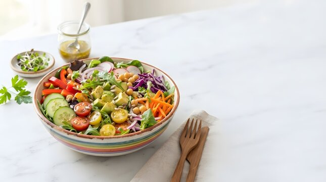 A vibrant and colorful salad in a decorative bowl, filled with fresh vegetables and greens, served with a side of dressing. A healthy and delicious meal presented on a marble surface