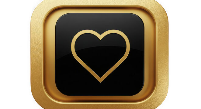 Golden heart icon on black square button with metallic border isolated on transparent background