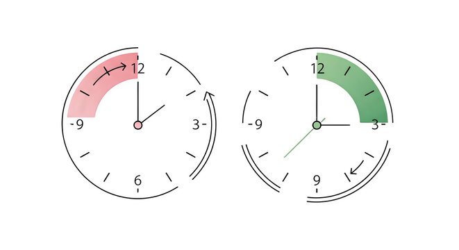 Set of two conceptual clock time management icons with colorful time segments presented on a clean transparent background