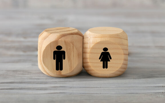 Men and woman concept. Two abstract geometric wooden dice isolate on white rustic surface. Antagonism, gender, couple concept.