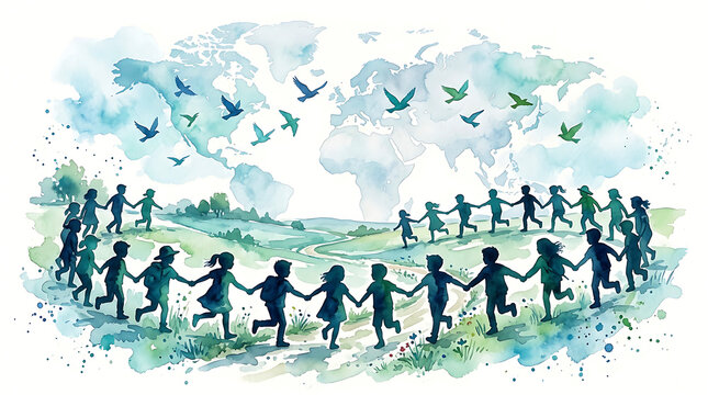 Watercolor illustration of diverse children holding hands around the world