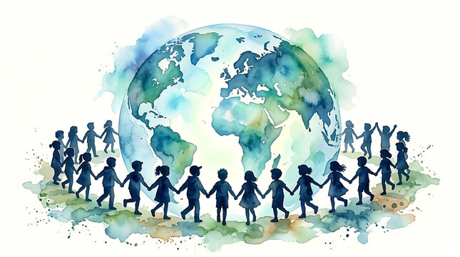 Watercolor illustration of diverse children holding hands around the Earth globe