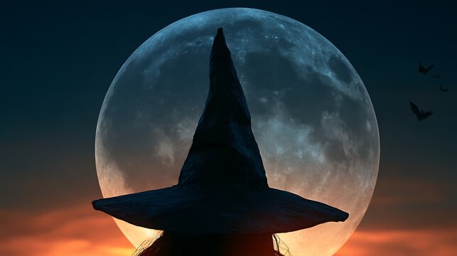 Silhouette Dramatic dramatic silhouette of classic witch hat against enormous full moon, moon filling most of frame with detailed crater surface visible, flying bats silhouetted in corner, deep 
