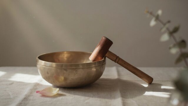 Metal singing bowl with a wooden mallet on a linen cloth